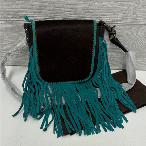 Montana West Brown Faux Calves Hair and Leather Teal Fringe Crossbody Bag - Picture 8 of 11